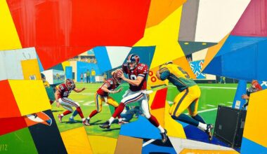 A fragmented, geometric painting depicting a football player in motion, broken down into sharp, overlapping planes of color, representing the complex challenges facing the Chiefs as they prepare for the start of the season without their star quarterback.