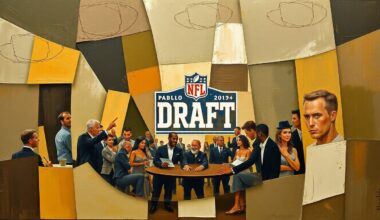 A cubist, fragmented painting depicting an abstract NFL draft scene, with sharp geometric shapes in muted earth tones representing the strategic positioning and negotiations between teams.