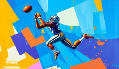 A fractured, cubist-style painting depicting a wide receiver making a leaping catch, with sharp, overlapping geometric shapes in vibrant colors like electric blue, fiery orange, and deep purple, capturing the dynamic energy of the play.