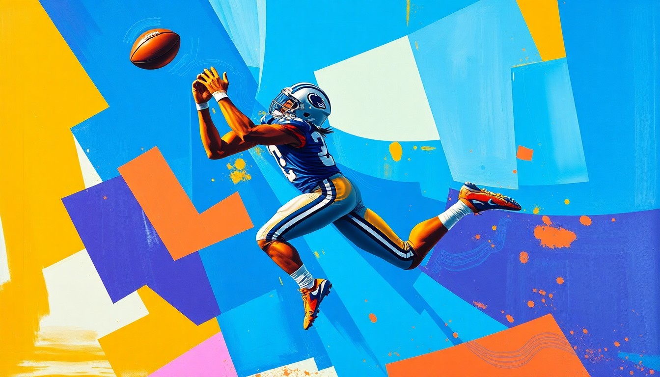A fractured, cubist-style painting depicting a wide receiver making a leaping catch, with sharp, overlapping geometric shapes in vibrant colors like electric blue, fiery orange, and deep purple, capturing the dynamic energy of the play.