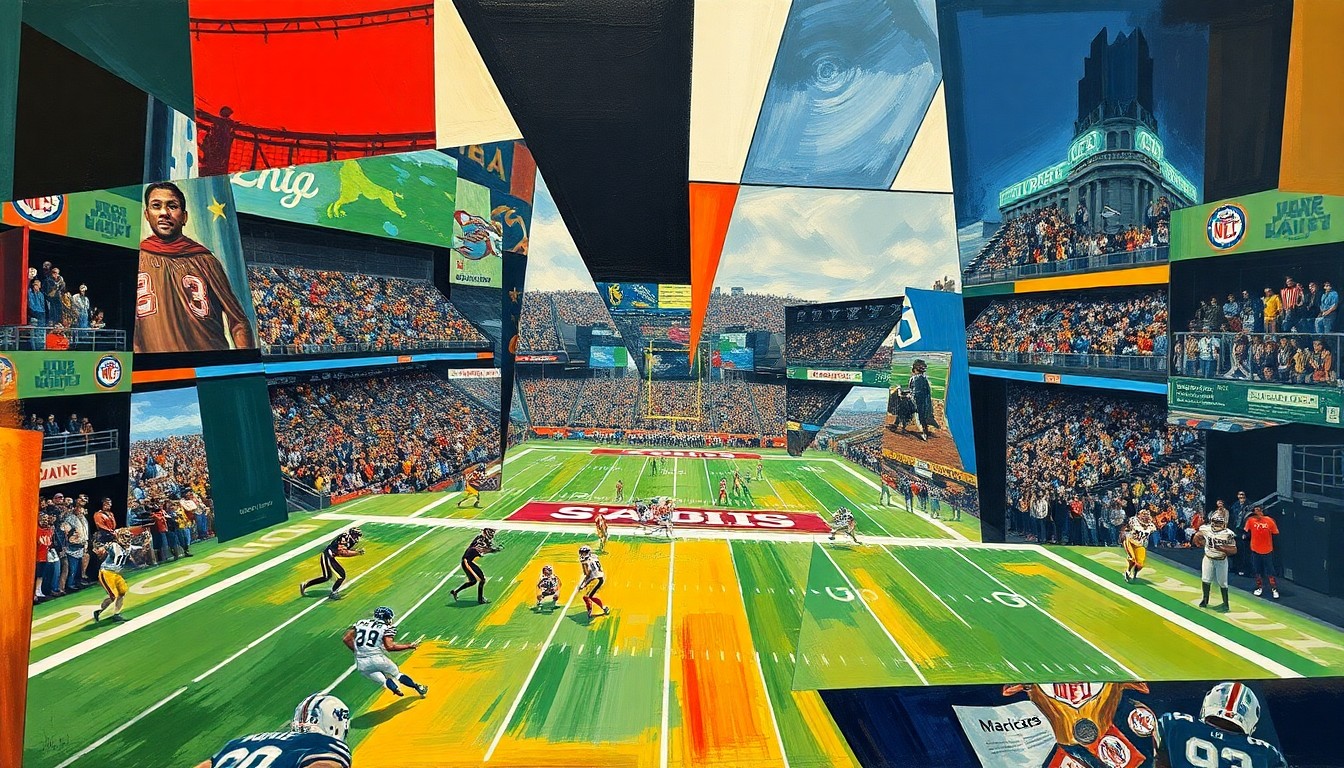 A cubist, geometric painting depicting an NFL draft scene, with sharp, overlapping planes of color and shape representing the complex decision-making process of a team trading down in the draft.