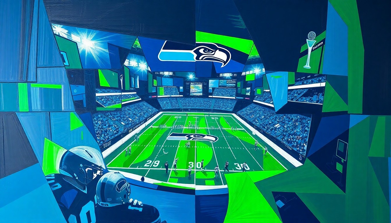 A cubist-style painting featuring fragmented, geometric shapes in navy blue, neon green, and silver, conceptually representing the challenges the Seattle Seahawks face in addressing multiple roster needs through the upcoming draft.