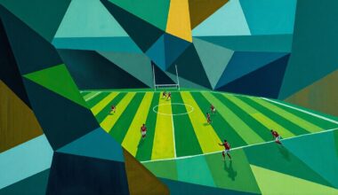 A fragmented, geometric painting depicting an abstract football game, with players and field reduced to sharp, overlapping planes of color in a palette of blues, greens, and ochres.