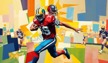 A cubist, geometric painting depicting a football player in motion, with sharp, overlapping planes of color representing the player