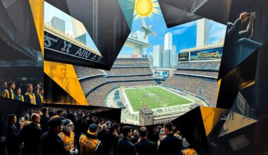 A fractured, multi-perspective painting depicting the NFL Draft in Pittsburgh, with players, fans, and security personnel represented as fragmented, angular shapes in a vibrant color palette of black, gold, and steel blue.