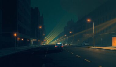 A moody, atmospheric painting of an empty city street at night, with a lone police car parked in the distance, conveying a sense of quiet unease and heightened security concerns.
