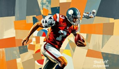 A cubist, geometric painting depicting a football player in motion, with their uniform and equipment broken down into abstract shapes and planes, capturing the dynamic energy of the sport.