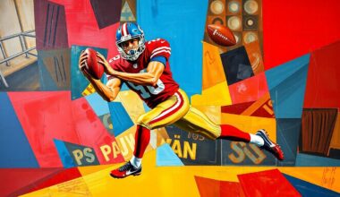 A fragmented, geometric painting depicting a football player in mid-catch, with sharp planes of color and overlapping perspectives conveying the explosive athleticism of the sport.