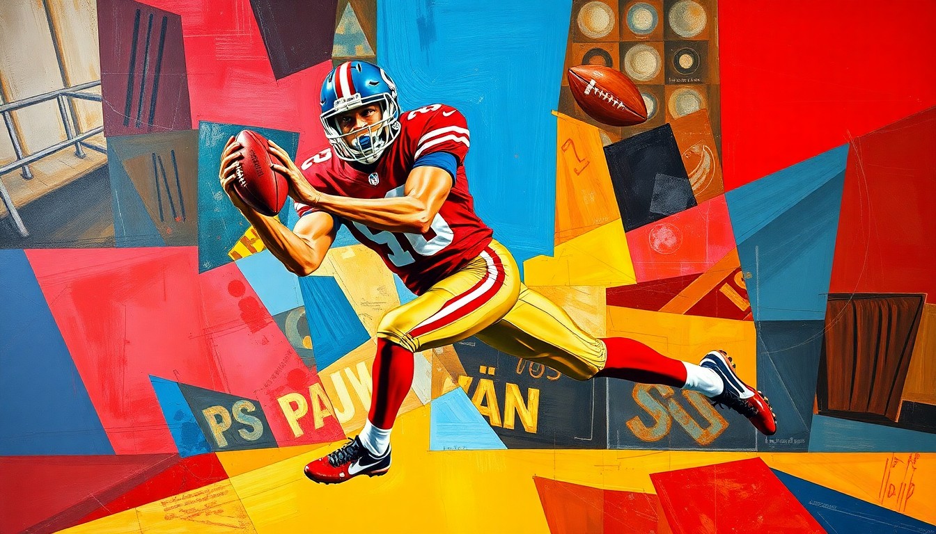 A fragmented, geometric painting depicting a football player in mid-catch, with sharp planes of color and overlapping perspectives conveying the explosive athleticism of the sport.