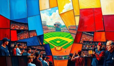 A cubist, geometric painting depicting a fragmented baseball game, with sharp planes of color and overlapping perspectives conveying the complexity and excitement of the sport.