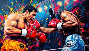 A vibrant, expressionist painting capturing the raw power and kinetic movement of a boxing match, with the faces and details of the fighters and venue blurred into colorful, gestural brushstrokes.