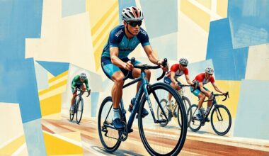A fragmented, geometric painting depicting the sport of cycling, with sharp, overlapping planes of color and form that capture the essence of the story without literal representation.