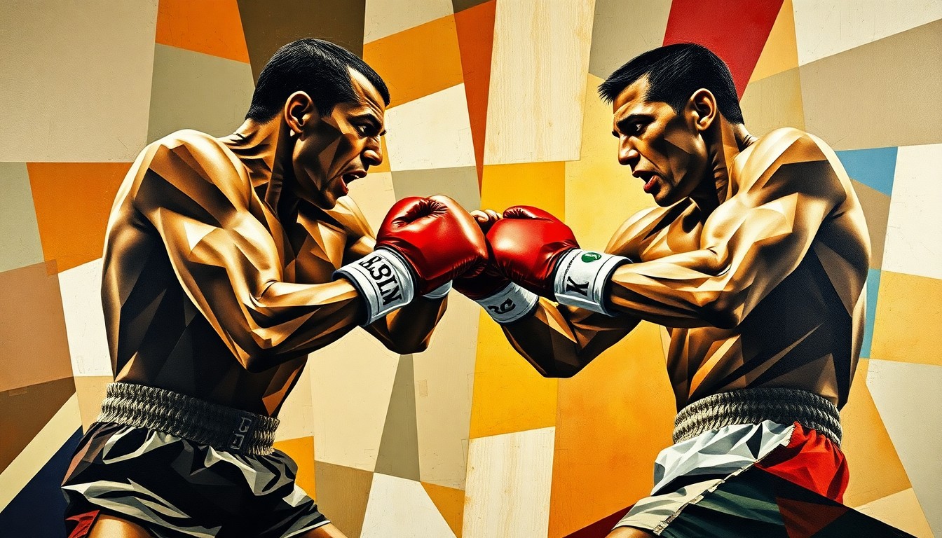A cubist, geometric painting depicting the chaotic energy of a heavyweight boxing match, with the fighters