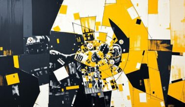 A cubist, geometric painting depicting fragmented and overlapping shapes in the Steelers