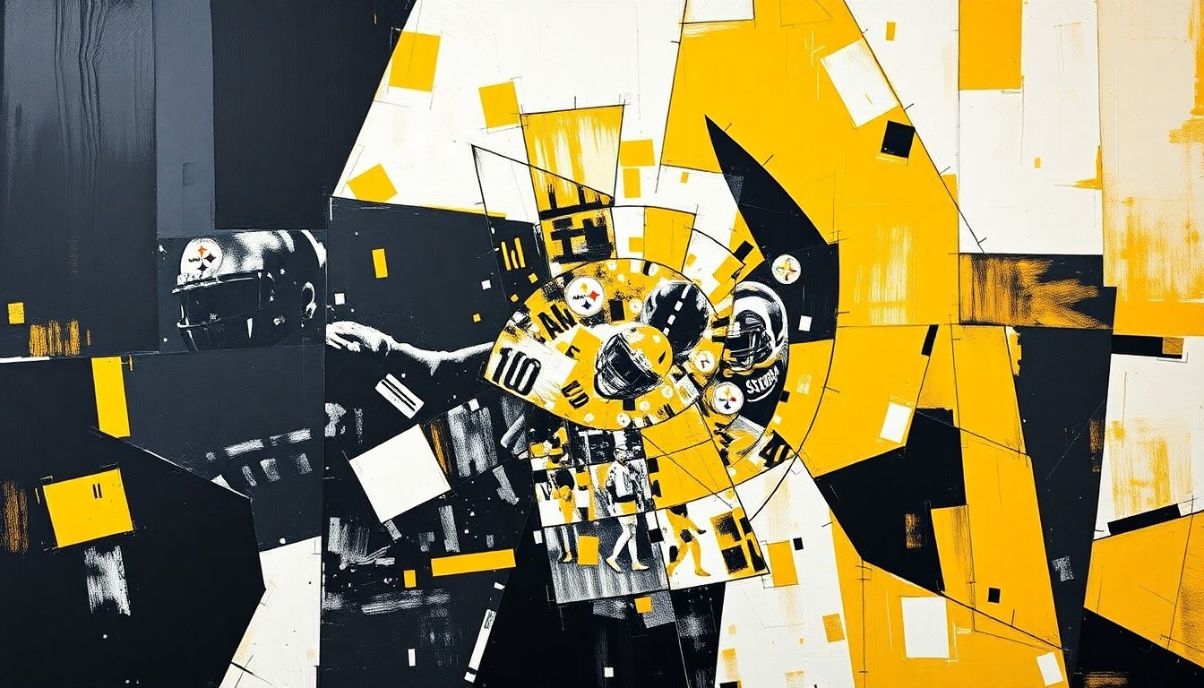 A cubist, geometric painting depicting fragmented and overlapping shapes in the Steelers