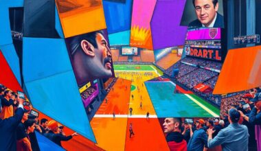 A cubist, geometric painting depicting a fragmented football game or draft event, with sharp, overlapping planes of color creating a dynamic, abstract composition.