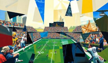 A cubist, geometric painting depicting fragmented football players, draft prospects, and team logos, conveying the complex and multifaceted nature of the upcoming NFL Draft for these key AFC franchises.