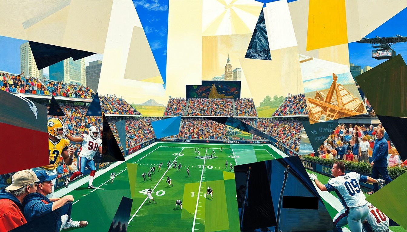 A cubist, geometric painting depicting fragmented football players, draft prospects, and team logos, conveying the complex and multifaceted nature of the upcoming NFL Draft for these key AFC franchises.