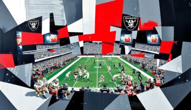 A cubist, geometric painting depicting a fragmented football game, with sharp planes of silver, black, and red representing the Raiders