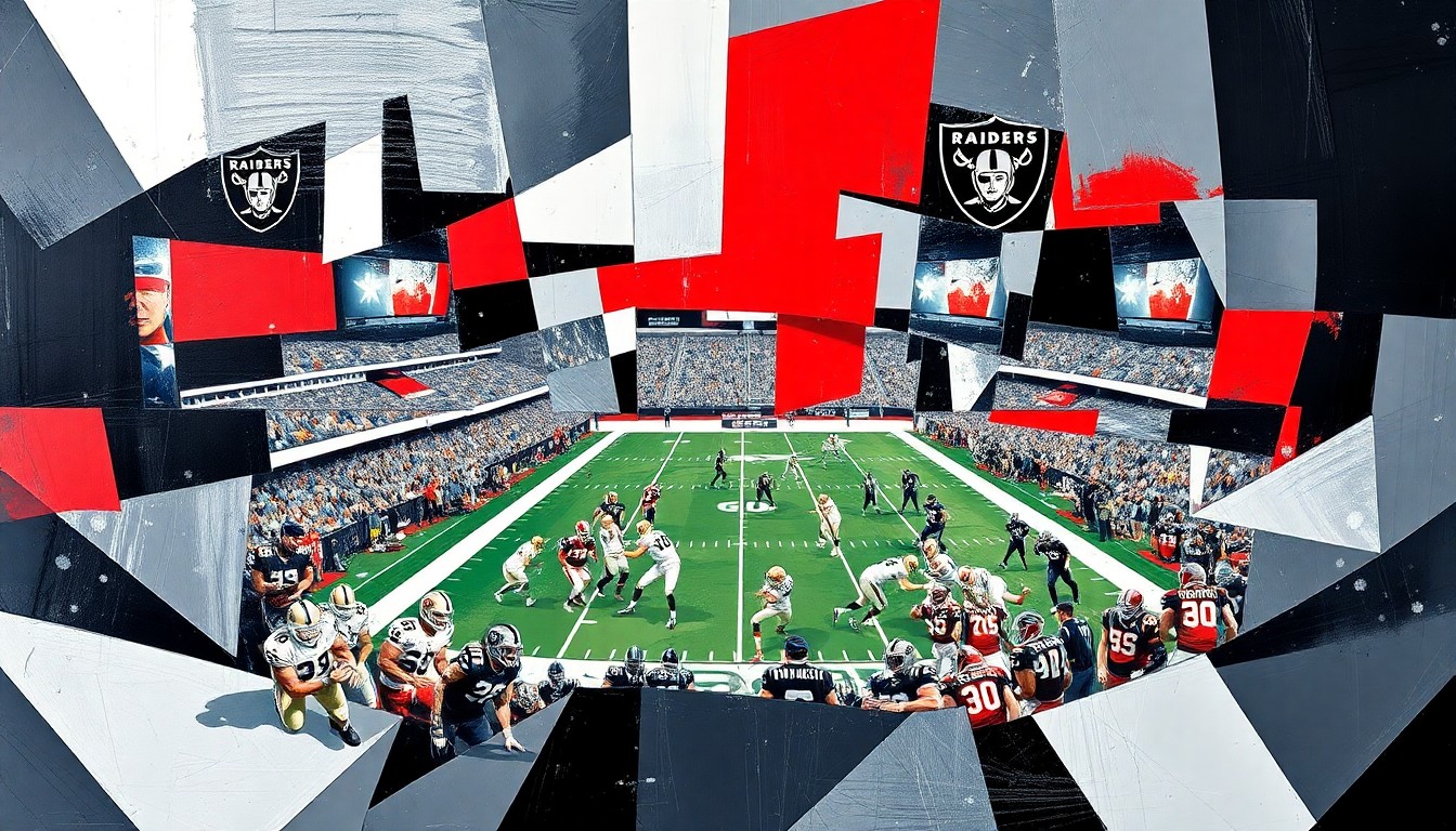 A cubist, geometric painting depicting a fragmented football game, with sharp planes of silver, black, and red representing the Raiders