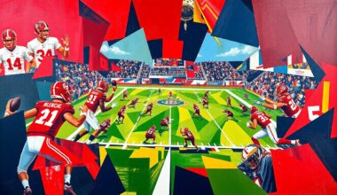 A cubist, geometric painting depicting a football player in motion, with sharp, overlapping planes of crimson red, navy blue, and gold representing the Alabama Crimson Tide colors. The fragmented, multi-perspective style conveys the complexity of assessing a quarterback