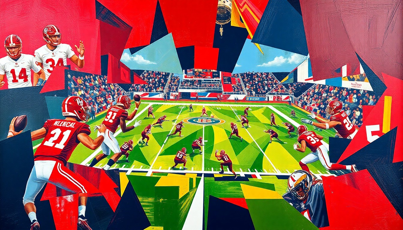 A cubist, geometric painting depicting a football player in motion, with sharp, overlapping planes of crimson red, navy blue, and gold representing the Alabama Crimson Tide colors. The fragmented, multi-perspective style conveys the complexity of assessing a quarterback