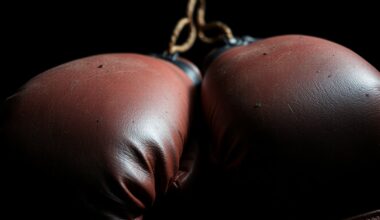 An abstract close-up photograph of worn, weathered boxing gloves in dramatic high-contrast studio lighting, conveying the physical and emotional challenges of the sport through texture and shadow.