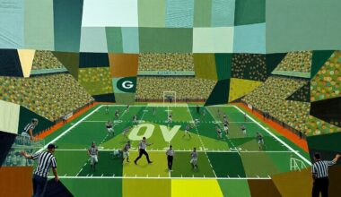 A cubist, geometric painting depicting a fragmented football field and players, with referees represented as abstract shapes, conveying the uncertainty and disruption surrounding the potential use of replacement officials.