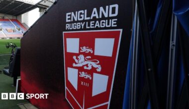 England Rugby League branding during a Test against Samoa at Wigan in 2024