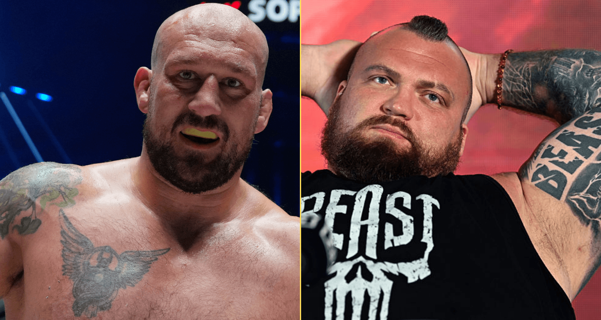Split image of Phil De Fries celebrating a win and Eddie Hall at a press conference