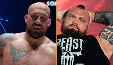 Split image of Phil De Fries celebrating a win and Eddie Hall at a press conference