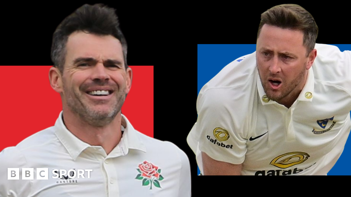 On the left, a red background box is overlaid with James Anderson wearing the white Lancashire County Championship shirt with the red rose club badge as he smiles during a game in 2025. On the right, a blue background box is overlaid by Ollie Robinson wearing the white Sussex jersey with the club badge on with his mouth open while bowling in a game in 2025.