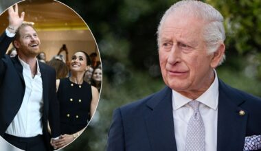 A composite image of King Charles with a cut-out of Prince Harry and Meghan Markle to the left