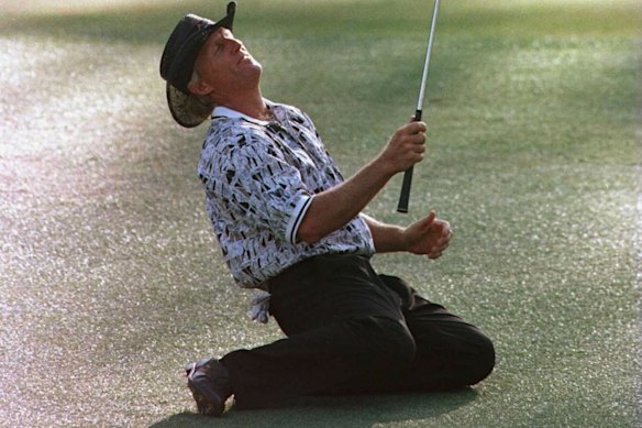 Greg Norman drops to his knees after missing the hole with a chip shot during his fateful final round at Augusta National in 1996.