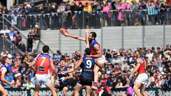 Brisbane and North Melbourne contest possession at Barossa Park Oval on Saturday. 