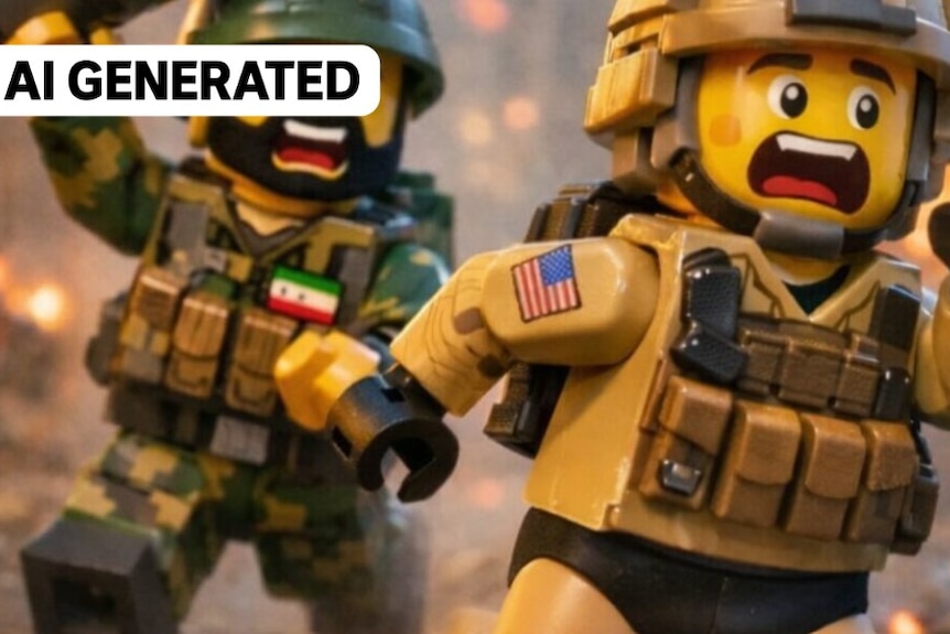 An Iranian soldier chases a US solider on a battlefield.