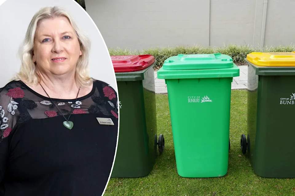 Left: Bunbury Councillor Karen Turner. Right: Three bins, including a FOGO, ready for collection in Western Australia. 