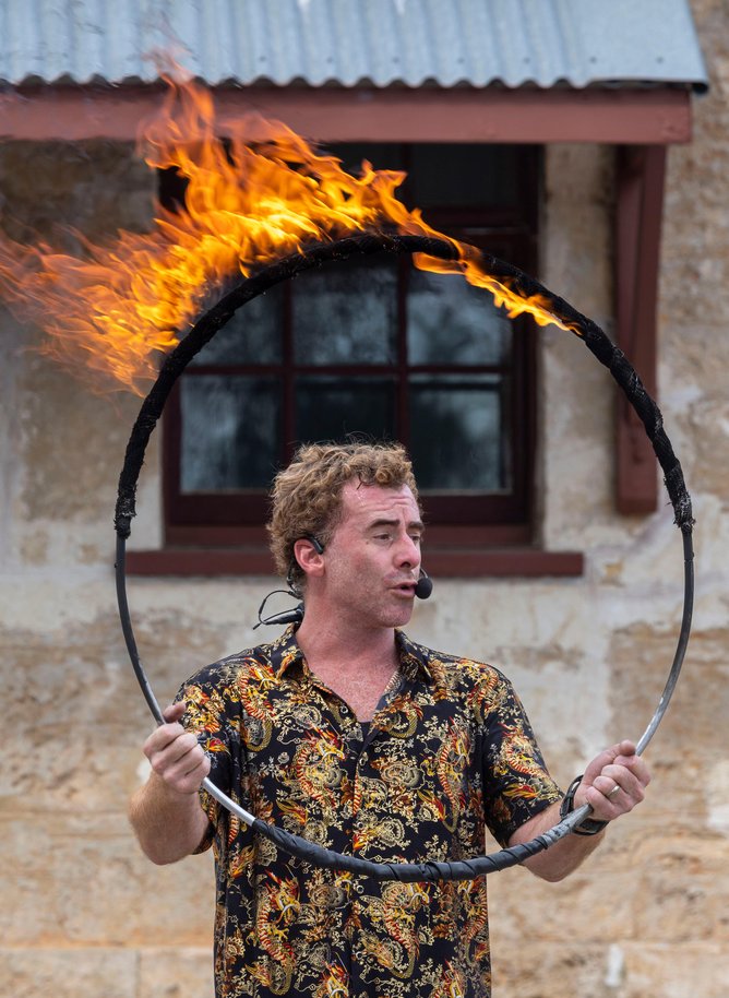 Nathan Kell, a WA street performer with his fire ring. 