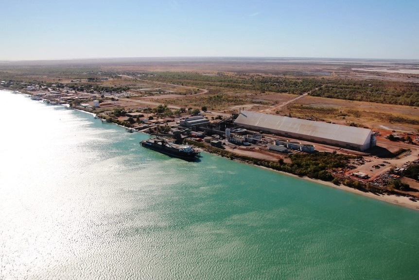 An aerial view of a port town.