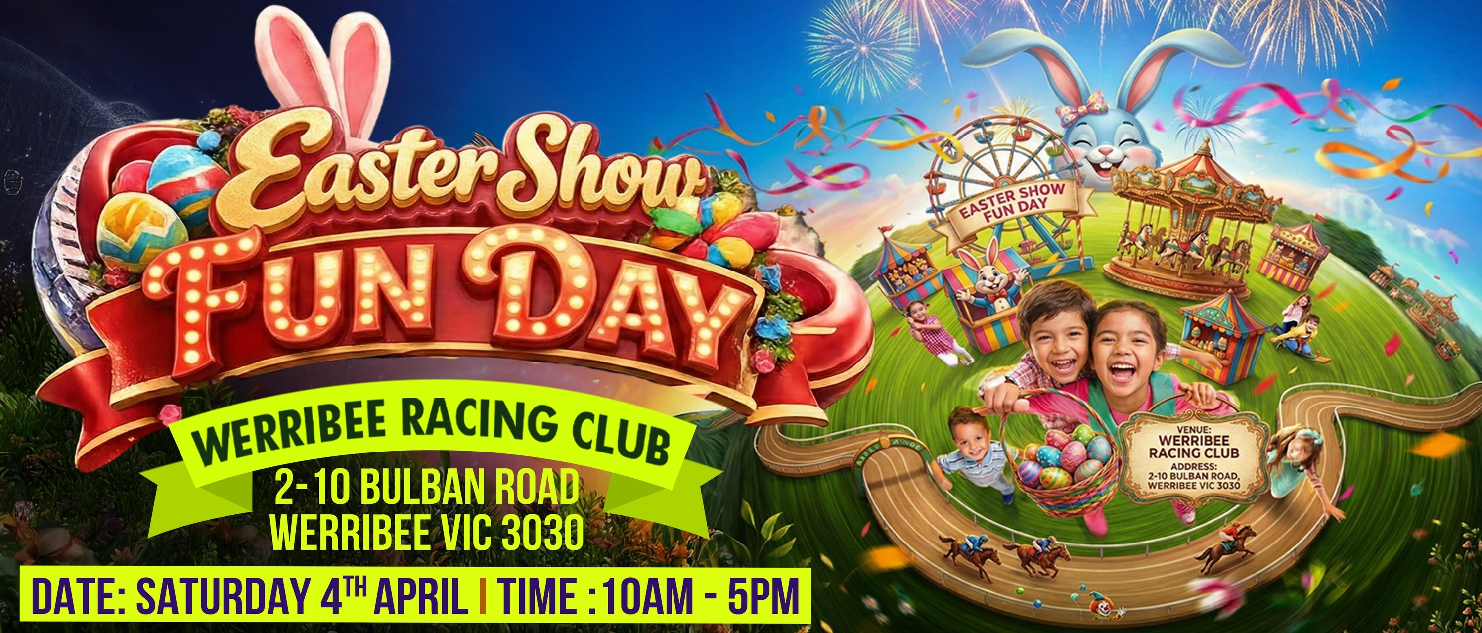A cartoon style image of children holding a basket of easter eggs near amusement rides and words saying Easter Show.