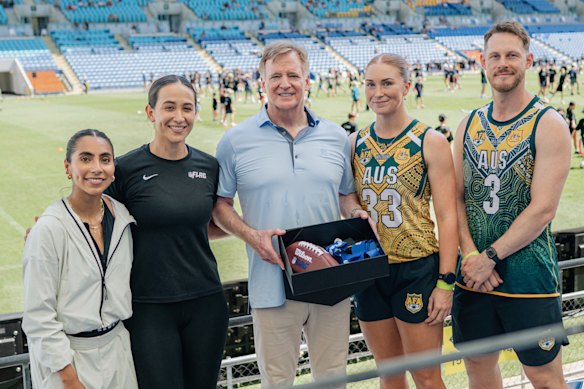 The NFL has arrived in Queensland: (from left to right) Mexico flag football captain Diana Flores, global flag football ambassador Kodie Fuller, NFL commissioner Roger Goodell, Australian women’s star Abbie Leyshon and Australian men’s star Jared Stegman.