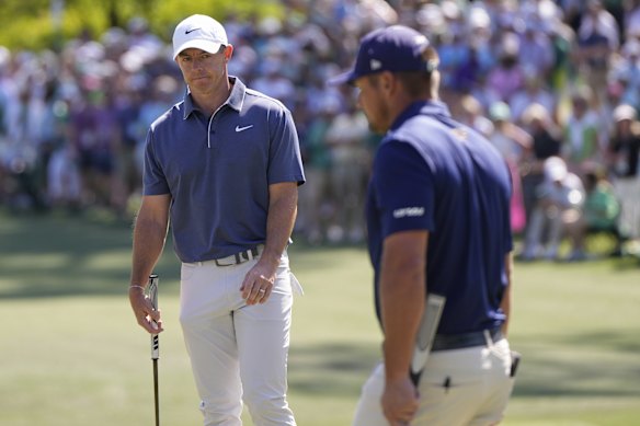Rory McIlroy and Bryson DeChambeau on the sixth hole during the final round at Augusta last year.