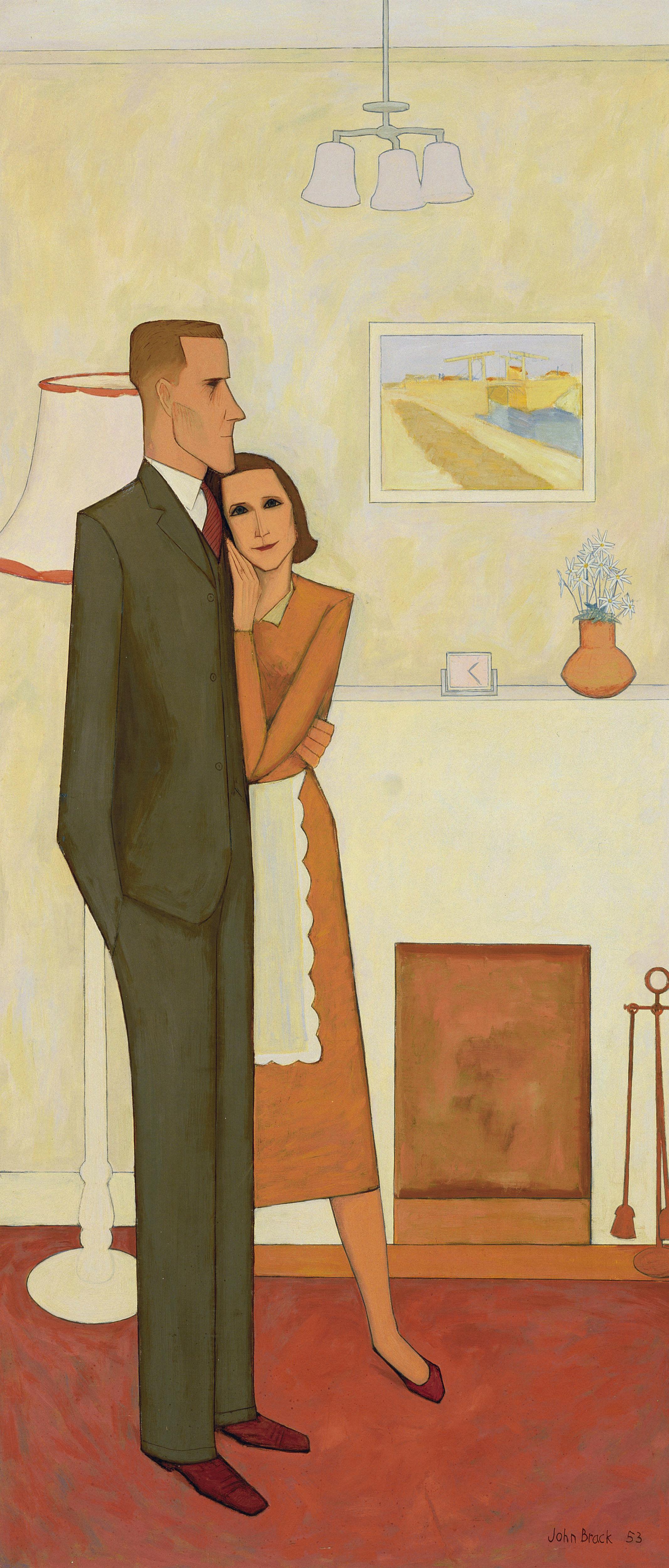 A painting of a man and woman embracing in a suburban home.