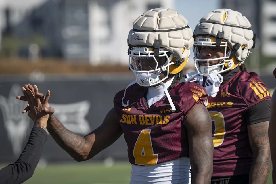 Omarion Miller (#4 WR) during ASU football practice at Kajikawa Practice fields in Tempe, Arizona, on March 19, 2026.