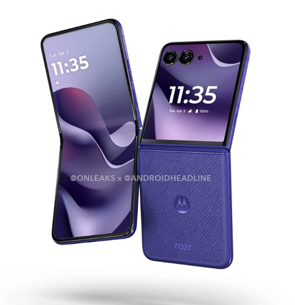 A leaked render of the Moto Razr Ultra 2026 in a blueish-purple "Orient Blue Alcantara" colorway.
