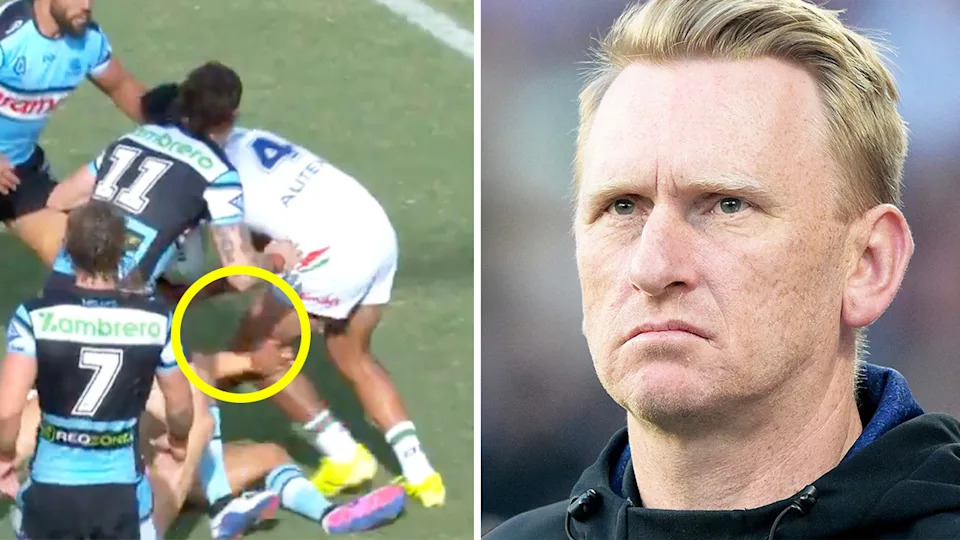 Adam Pompey (pictured left) will be out for two weeks after the Warriors failed to overturn his ban at the NRL judiciary. (Images: Channel Nine/Getty Images)