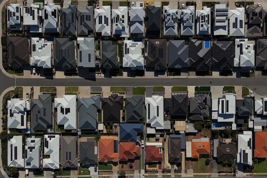 A drone shot looking directly down at a sea of household rooftops with solar panels.