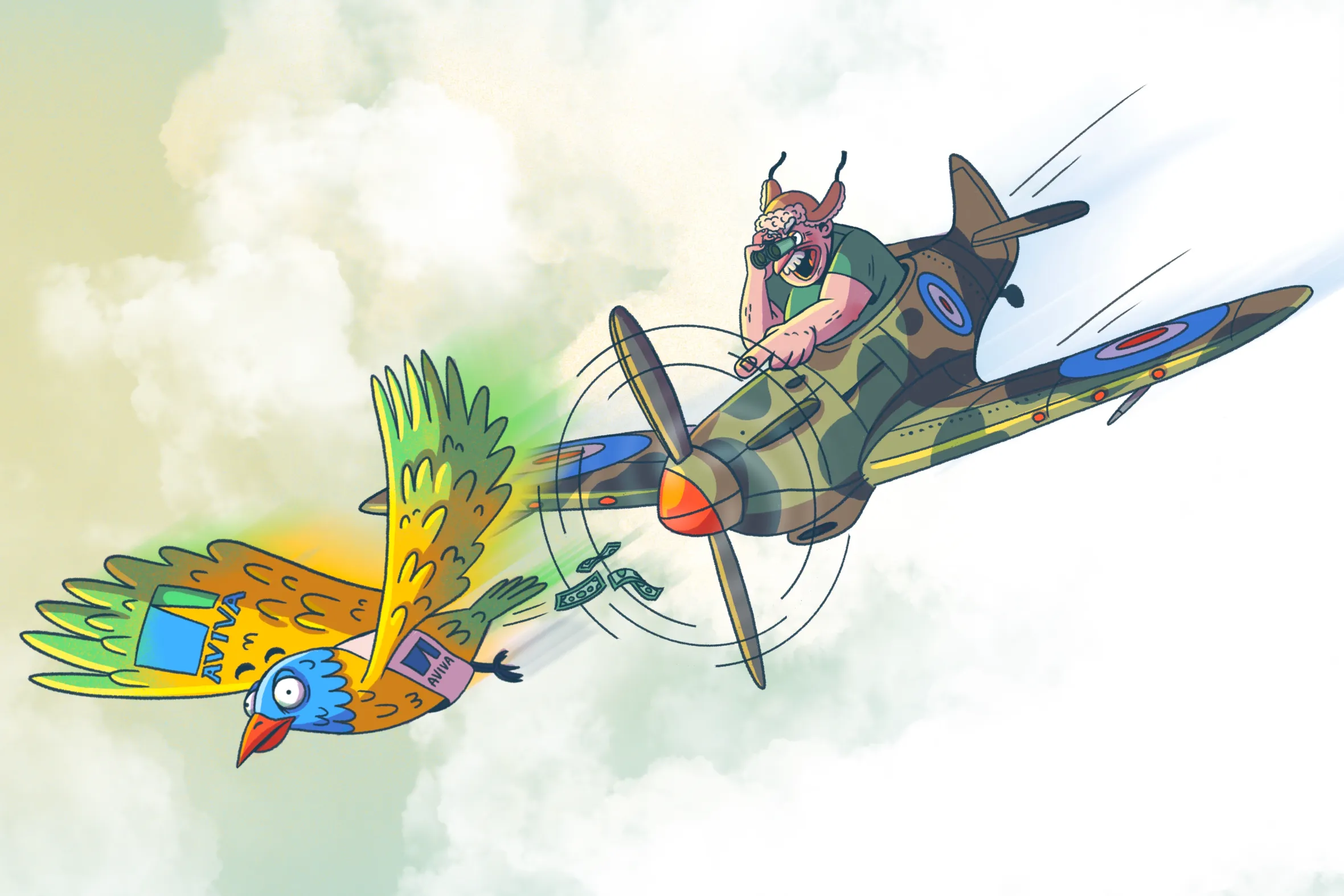 Illustration of a pilot in a military airplane chasing a bird with money falling from it.