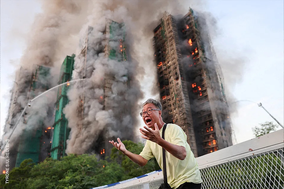Mr Wong cries out in anguish as fire engulfs the Tai Po housing complex he calls home. Moments earlier, he phoned his wife, who was trapped in the building, and they exchanged their final words