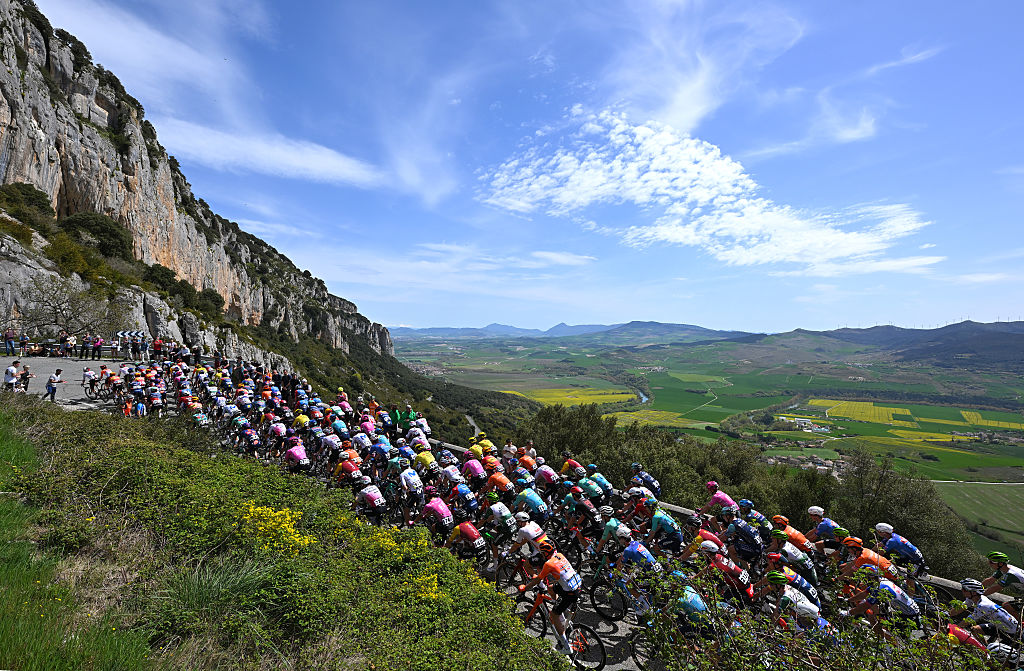 LEKUNBERRI, SPAIN - APRIL 07: A general view of the peloton climbing to the Etxauri (412m) during the 65th Itzulia Basque Country 2026, Stage 2 a 164.1km from Pamplona-Iruna to Lekunberri 757m / #UCIWT / on April 07, 2026 in Lekunberri, Spain. (Photo by Tim de Waele/Getty Images)